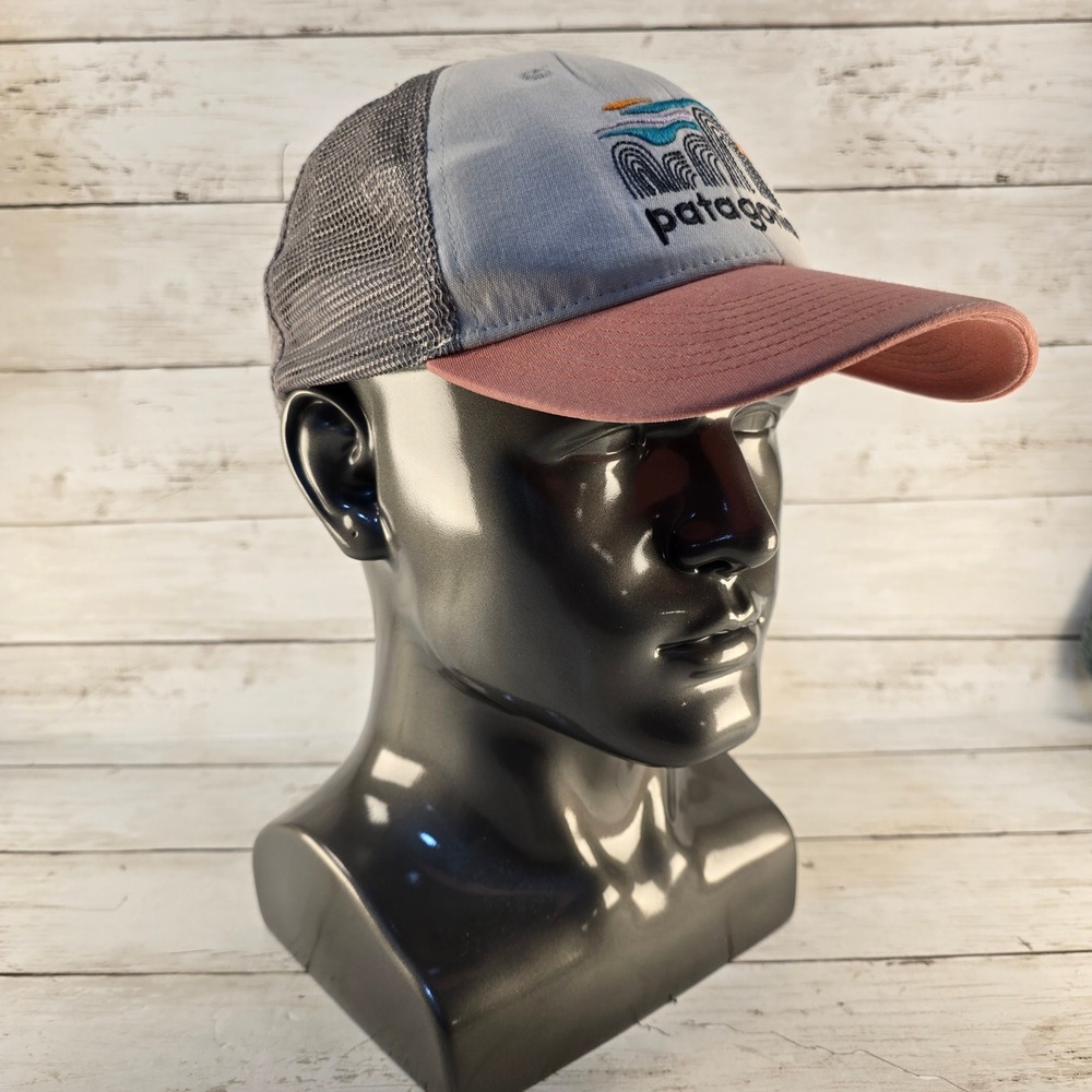 Patagonia Trucker Hat Mesh Snapback Mountain Graphic Gray Pink Adjustable Cap